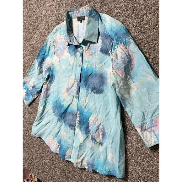 Shana Size Medium Fairy Tale Trees Button Up Aqua Blue Long Sleeve Coastal Shirt - Picture 6 of 14